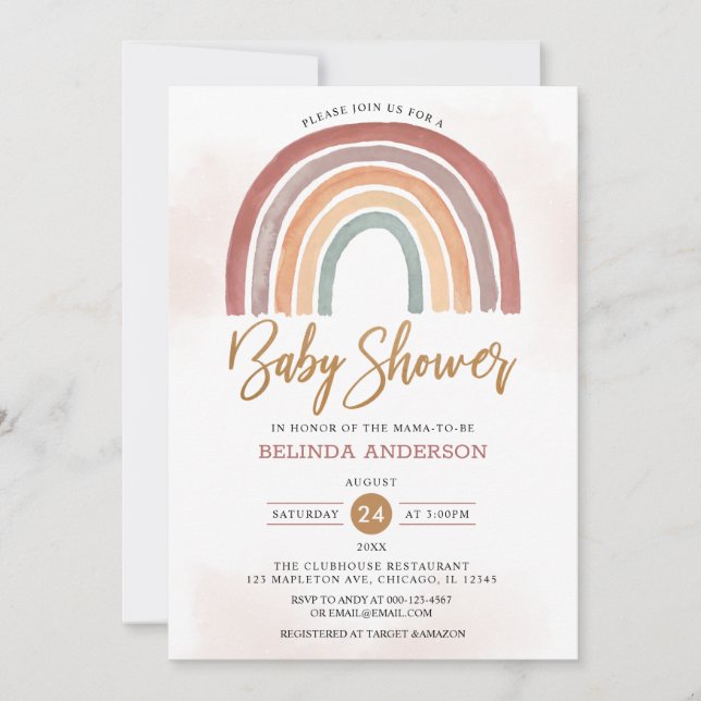 Invitation Tons Muets Pastel Boho Baby shower arc-en-ciel (Devant)