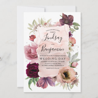 Invitation Tons Terre Bourgogne Floral Vintage Mariage