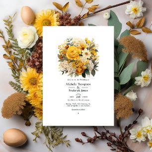 Invitation Tons Terre et Mariage Floral Jaune Canari