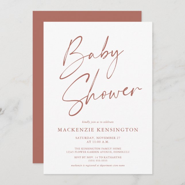 Invitation Tons Terre modernes Baby shower de script simple (Devant / Derrière)