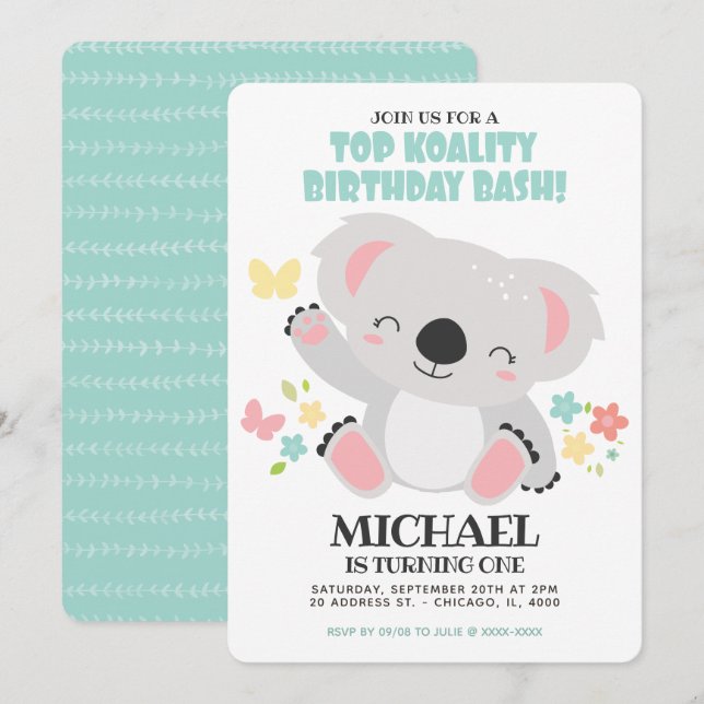 Invitation Top Koality Baby Koala Anniversaire (Devant / Derrière)