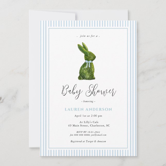 Invitation Topiary Bunny Blue Baby Boy Shower  (Devant)