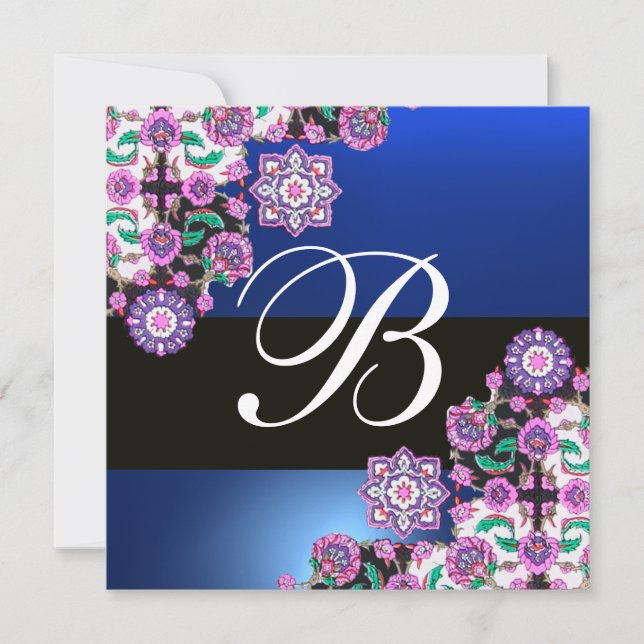 Invitation TOPKAPI BLUE BLACK DAMASK MONOGRAM rose blanc (Devant)