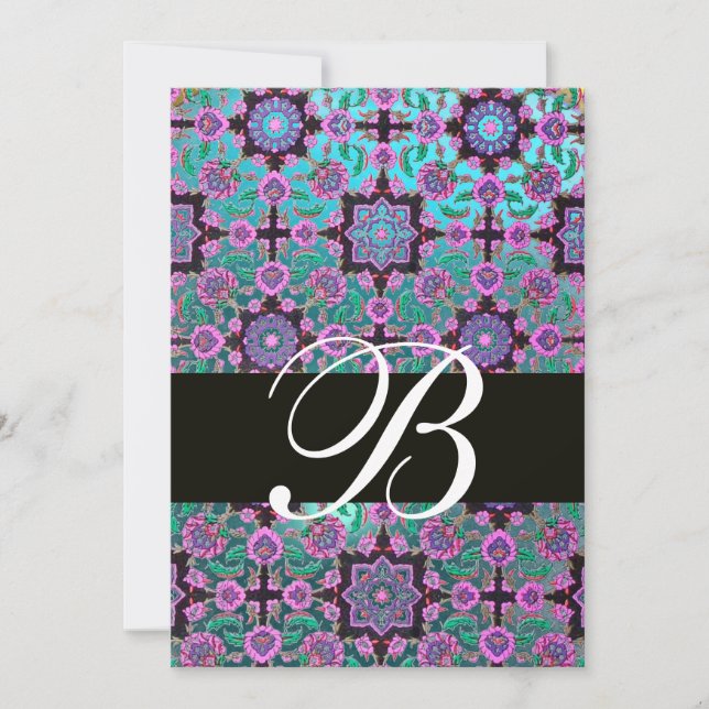 Invitation TOPKAPI BLUE BLACK DAMASK MONOGRAM rose vert (Devant)