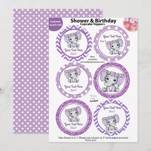 Invitation Toppers à cupcake pour fille à éléphant violet, Ba (Devant / Derrière)