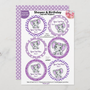 Invitation Toppers à cupcake pour fille à éléphant violet, Ba