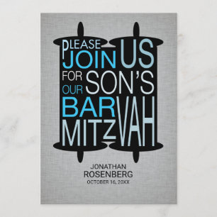 Invitation Torah Bar Mitzvah moderne Gris et Bleu