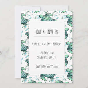 Invitation tortue de mer à l'aquarelle verte motif bleu anima