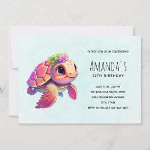 Invitation Tortue de mer rose Whimsical & mignon Anniversaire