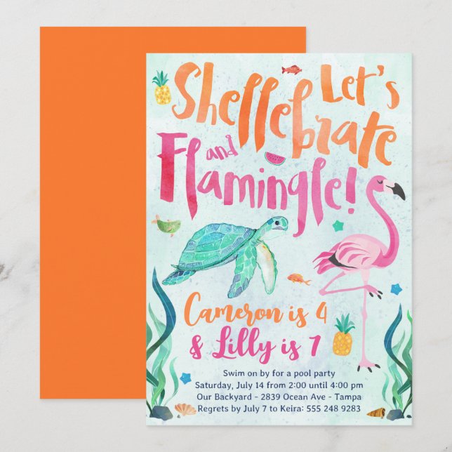 Invitation Tortue et Flamant rose Anniversaire Fête Invitatio (Devant / Derrière)