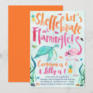 Invitation Tortue et Flamant rose Anniversaire Fête Invitatio