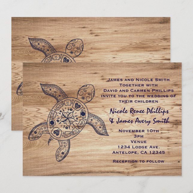 Invitation Tortue hawaïenne et mariage léger en bois Invitati (Devant / Derrière)