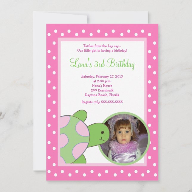 Invitation Tortue tortue rose de la mer *PHOTO* Anniversaire  (Devant)