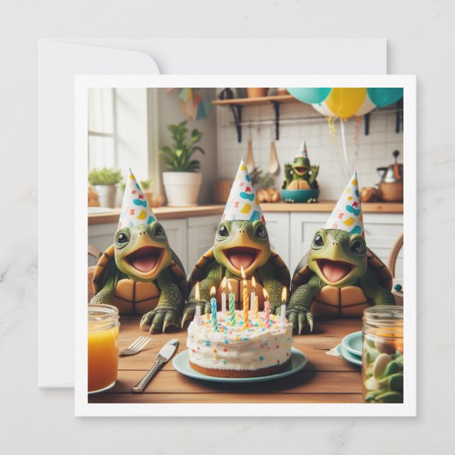 Invitation Tortues célébrant l'anniversaire avec gâteau et ca (Devant)