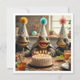 Invitation Tortues célébrant l'anniversaire avec gâteau et ca