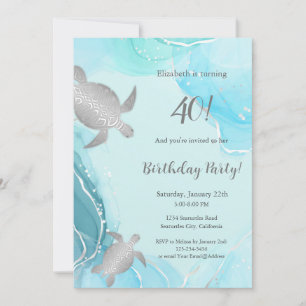 Invitation Tortues de mer argentées    Encre bleue   Annivers