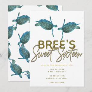 Invitation Tortues de mer bleu sarcelle Plage Or Sweet 16 Par