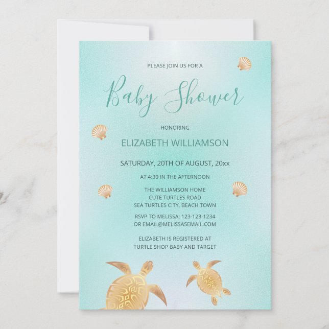Invitation Tortues d'or | Baby shower non sexiste (Devant)