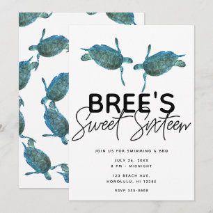 Invitation Tortues Marines Bleu Turquoise Fête Douce 16 Plage