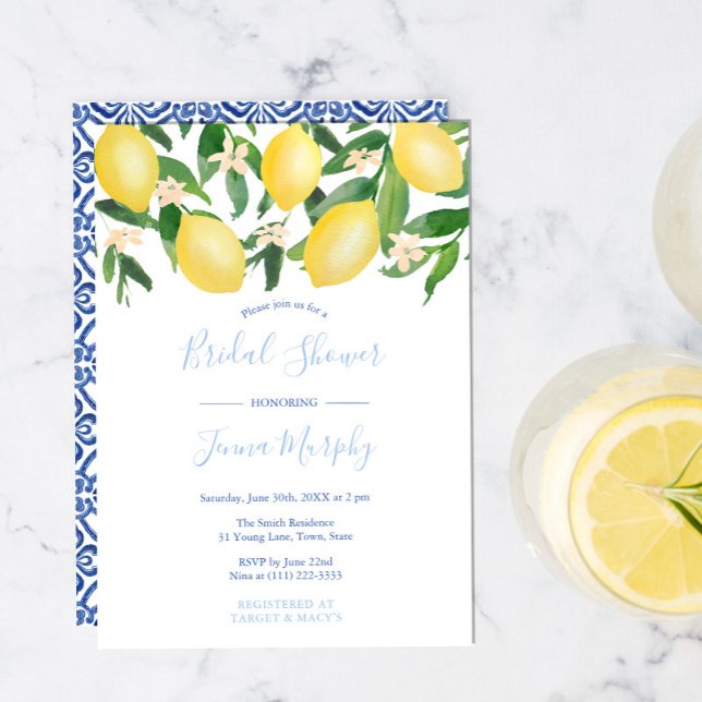Invitation Toscane Lemons Motif antique Fête des mariées bleu (W)