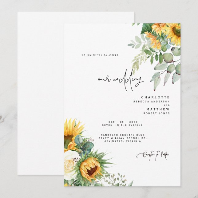 Invitation Toscane moderne tournesols Pas de parents Mariage (Devant / Derrière)