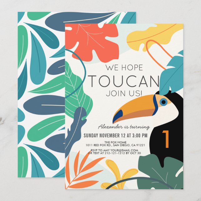 Invitation Toucan Feuille tropicale moderne 1er anniversaire (Devant / Derrière)