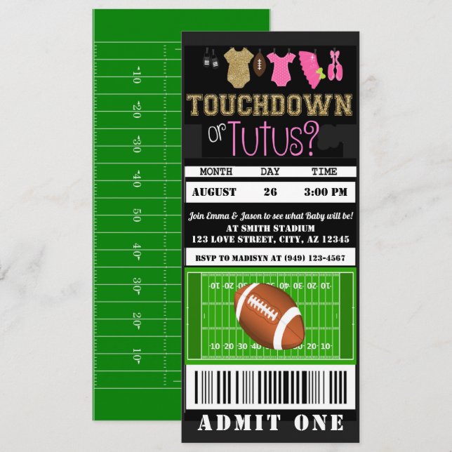 Invitation Touchdown ou Tutus Football Billet Sexe Révéler (Devant / Derrière)