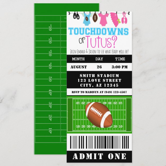 Invitation Touchdown ou Tutus Football Billet Sexe Révéler (Devant / Derrière)