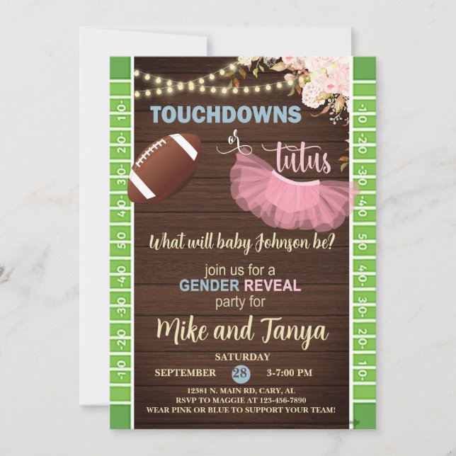 Invitation Touchdowns or Tutus gender reveal invitation. (Devant)