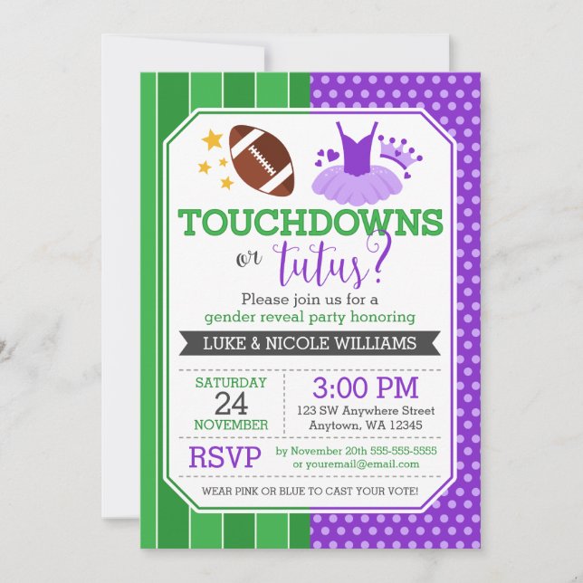 Invitation Touchdowns ou Tutus Purple Sexe Reveal Party (Devant)