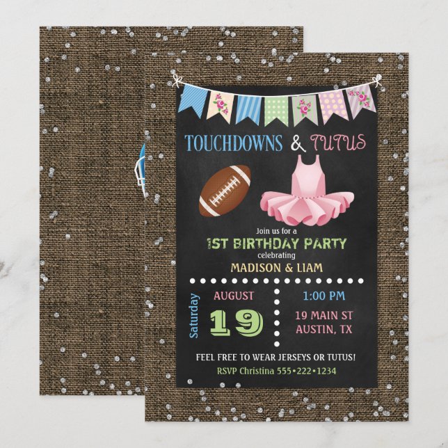 Invitation Touchdowns & Tutus Twins Anniversaire ou Baby show (Devant / Derrière)