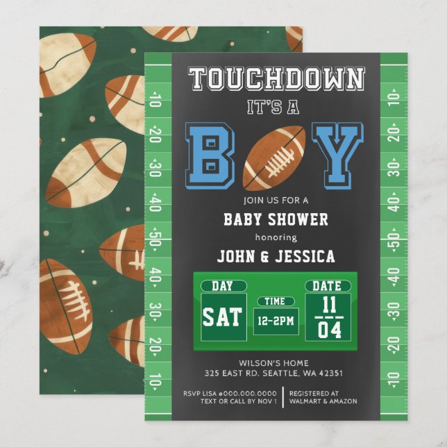 Invitation Touchez son Baby shower de football garçon (Devant / Derrière)
