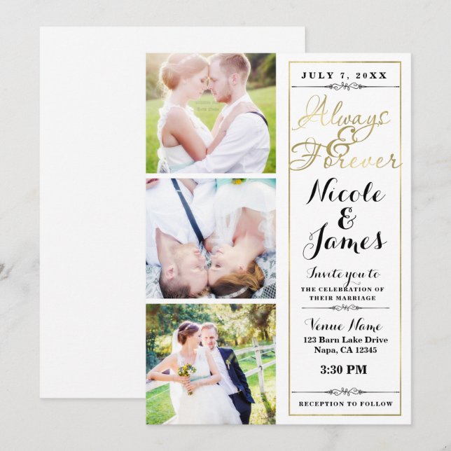Invitation TOUJOURS & FOREVER Moderne 3 Photo White Gold Mari (Devant / Derrière)