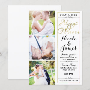 Invitation TOUJOURS & POUR TOUJOURS Moderne 3 Photo Or Blanc 
