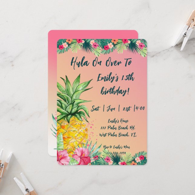 Invitation Toule sur l'Anniversaire de l'ananas couché de sol (Devant/Arrière en situation)