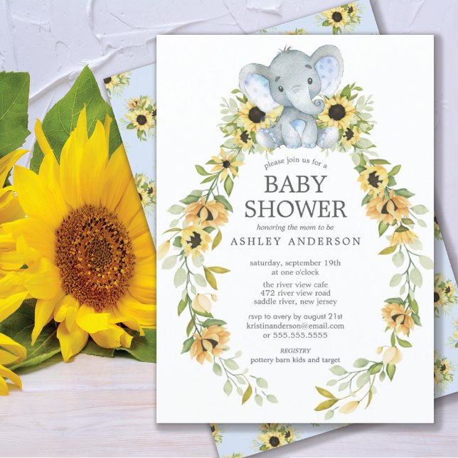 Invitation Tour de bébé garçon Tournesol & Bébé Éléphant (Créateur téléchargé)