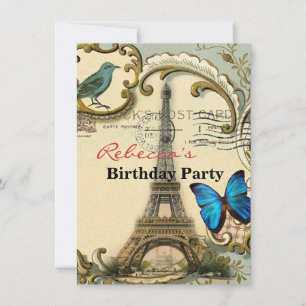 Invitation Tour de l'eiffel de paris, tourbillons bleus vinta