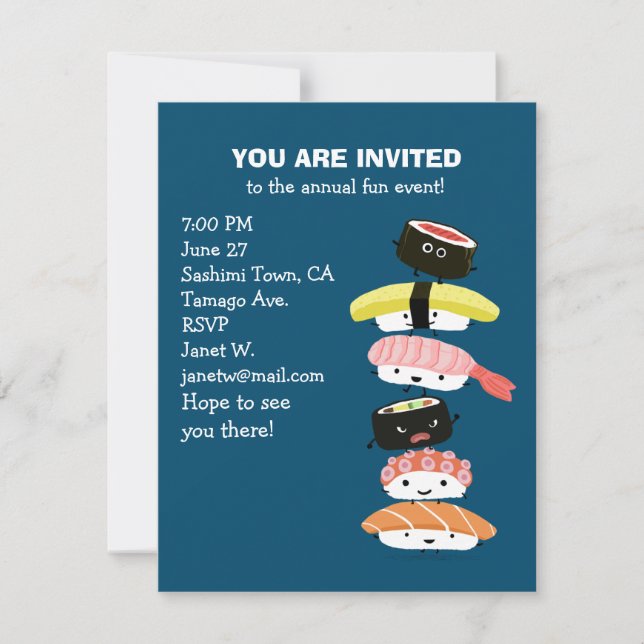 Invitation Tour du Sushi : une pile de sushis amusants, amis  (Devant)