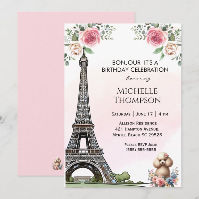 Invitation Tour Eiffel Anniversaire Paris France Floral (Devant / Derrière)