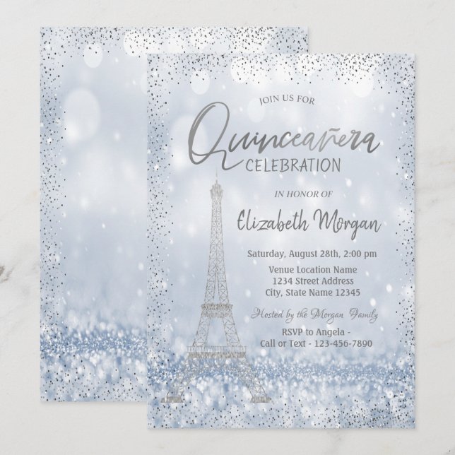 Invitation Tour Eiffel Argent Confetti Bokeh Quinceañera (Devant / Derrière)