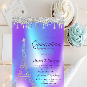 Invitation Tour Eiffel argentée, gouttes holographiques pour 