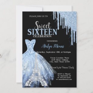 Invitation Tour Eiffel argentée Robe Bleue Paillettes Gouttes