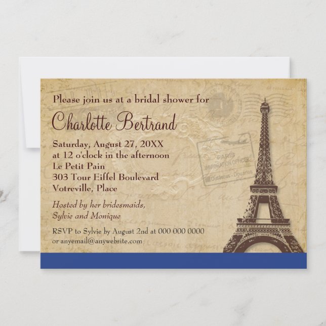 Invitation Tour Eiffel Bleu Fête des mariées parisienne (Devant)