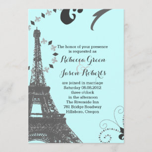 Invitation tour eiffel bleu moderne vintage paris mariage