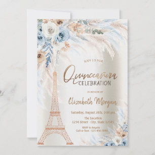Invitation Tour Eiffel Bleu Roses Pampas Grass Quinceanera