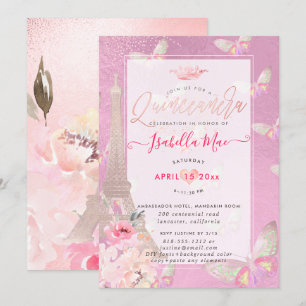 Invitation Tour Eiffel Blush Quinceanera, Papillons