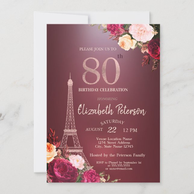 Invitation Tour Eiffel Bourgogne Fleurs Roses 80e anniversair (Devant)