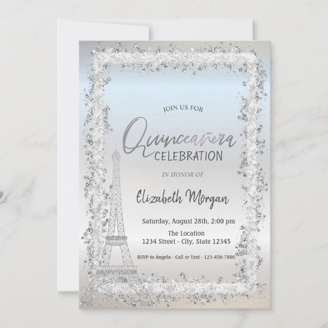 Invitation Tour Eiffel Cadre Argent Quinceanera Argentée (Devant)