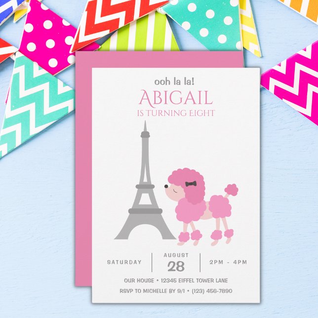 Invitation Tour Eiffel Caniche Rose Fête d'Anniversaire Adora (Créateur téléchargé)