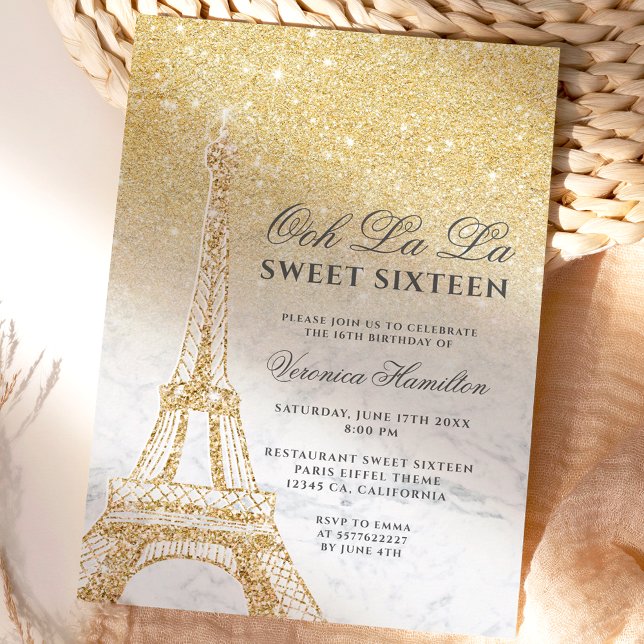 Invitation Tour Eiffel chic or parties scintillant marbre Swe (Créateur téléchargé)
